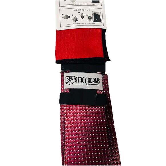 Stacy Adams Slim Tie and Hanky Red Geometric 2.75” Wide Handmade Microfiber New - Picture 4 of 8